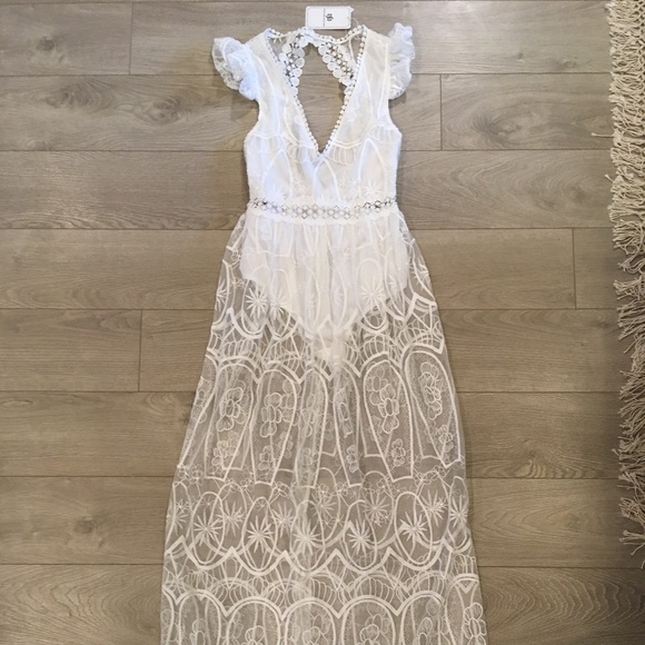 White Plunge Open Back Sleeveless Lace Maxi Boho - Picture 3 of 8